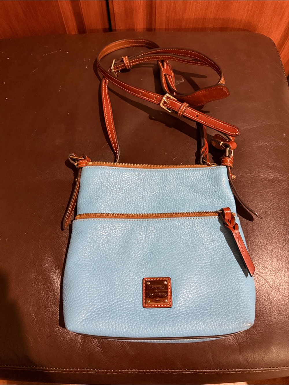 Dooney & Bourke Light Blue Pebble Leather Crossbody with Brown Trim
